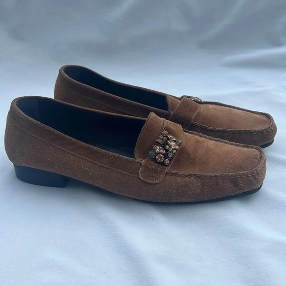 Stuart Weitzman Women’s Brown Suede Rhinestones Jeweled Loafers Mules Size 10 - Picture 1 of 10